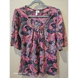 Daisy & Clover, szL, button up, blouse, boho, paisley pink and gray